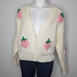Luna Ivy Cream Pink Knit Strawberry V Neck Button Up Cardigan Sweater S